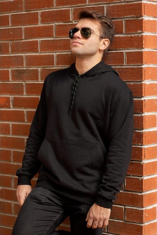 Erkek Siyah Düz Basic Kapüşonlu Cepli Oversize Sweatshirt 21Eswt1
