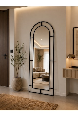 Effe Siyah Metal Çerçeveli 180x70 Cm Pencere Model Oval Ayaklı Boy Aynası