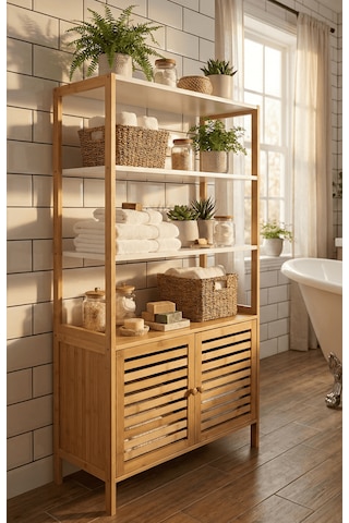Bambu Çok Amaçlı Raflı Banyo Düzenleyici 2 Kapaklı Dolap Bej