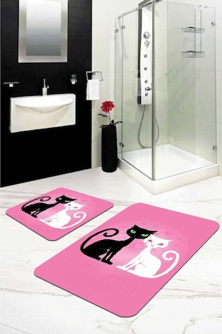 Pembe Kedili Banyo Halısı Klozet Takımı Paspas Seti Bs262n11