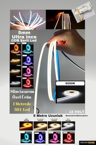 Ultra Ince 5mm. Kalınlık Cob Şerit Led 6000k Neon Gibi Yanar.