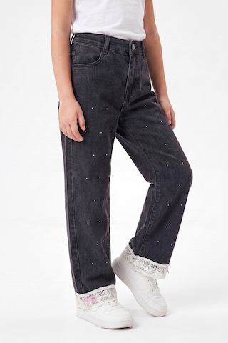 Joy Kids Kız Çocuk Dantel Işlemeli Paça Taşlı Özel Premium Seri Kot Pantolon 12-15yaş Siyah