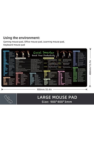 Excel Kısayolları Klavye Mouse Pad Büyük Kaymaz Ofis Masa Matı 11 Kısayol