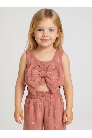 Kız Çocuk Müslin Crop Pantolonlu Takım-16077 Gül Kurusu