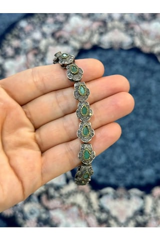 925 Ayar Gümüş Zümrüt Zirkon Tasarım Bileklik 314 Altın - Beyaz