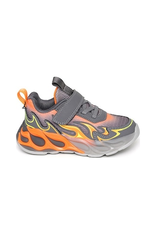 Pepino Erkek Çocuk Spor Ayakkabı Alev Desenli Cırt Cırtlı Esnek Lastik Bağcıklı Hafif Işıklı Taban Sneaker 2226 Füme-turuncu