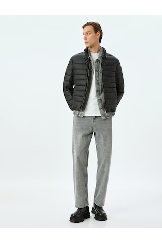 Koton Dik Yaka Etiket Detaylı Lateks Kumaş Slim Fit Şişme Ceket Siyah 5wam20029hw Siyah