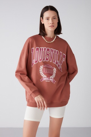 ETHIQUET RA ONA Kadın Oversize Yumuşacık İçi Polarlı Organik Pamuklu Baskılı Yuvarlak Yakalı Kiremit Rengi Sweatshirt