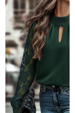 Efnaz Style Kadın Uzun Kollu Göğüs Pencere Detay Yaka Boğazlı Kolları Tüllü Sandy Bluz Yeşil