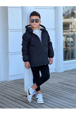 Pina Kids Erkek Çocuk Çıkarılabilir Kapüşonlu Kürklü Oversize Kışlık Mont Km4050 Siyah