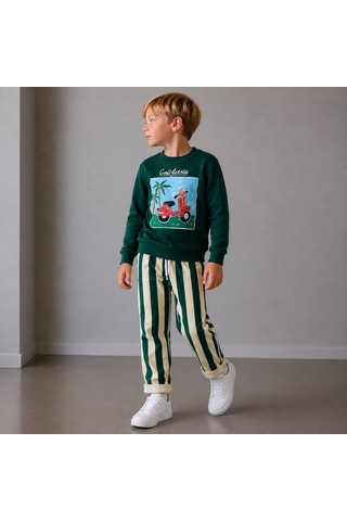 California Baskılı Zümrüt Yeşil Sweatshirt Ve Çizgili Pantolonlu Erkek Çocuk 2'li Alt Üst Takım