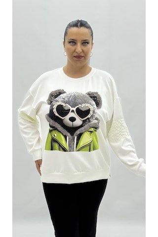 Büyük Beden Ayıcık Grafikli Taşlı İnci Detaylı Uzun Kollu Oversize Kadın Sweat Beyaz