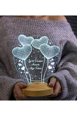 3D Led Lamba 3 Boyutlu Anneler Günü Kişiye Özel Balon Kalp Küre