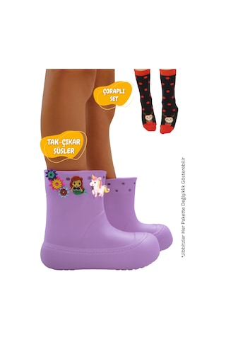 Lila Kız Çocuk Yağmur Botu & Çorap Set Lila