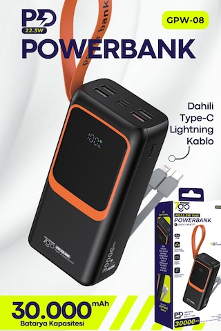 7go Gpw-08 30000mah Pd22.5w Hızlı Şarj Powerbank 4 Usb Çıkışlı, Dahili Type-c & Lightning Kablolu, Siyah