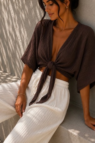 Bbbutikbasic Kadın Müslin Bağlamalı Bolero Bluz Oversize Salaş Yazlık Kimono Hırka My3535 kahverengi