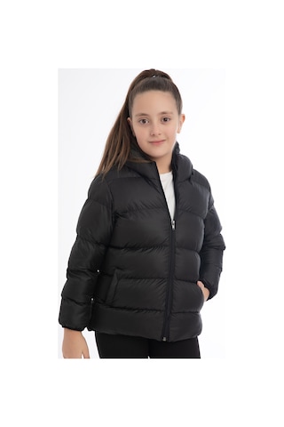 Kız Çocuk Içi Polarlı Kürklü Kapüşonlu Su Geçirmez Rüzgara Dayanıklı Cepli Şişme Kışlık Mont Siyah