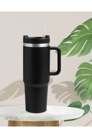 Siyah Paslanmaz Çelik Termos Pipetli 1200ml Siyah