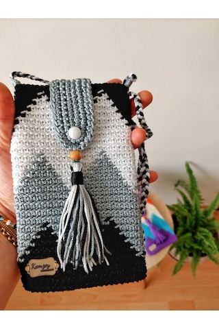 Kemzey Handmade Wayuu Telefon Çantası, El Yapımı Örgü Telefon Çantası Siyah - Beyaz