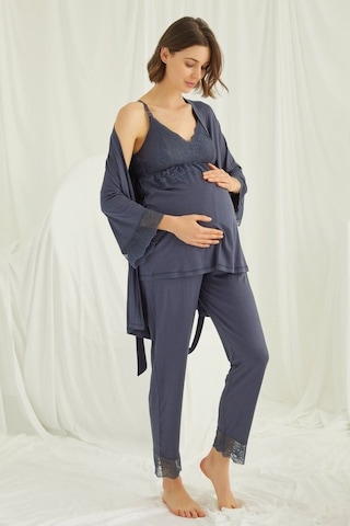 Burdagel Monamise Kadın Lacivert Hamile Lohusa Sabahlıklı Pijama Takım 184
