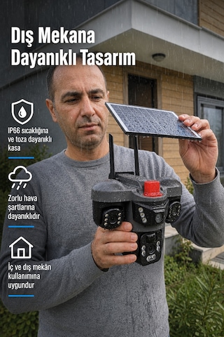 ARM-01 Solar Güneş Panelli 15MP 3 Lensli 4G Sim Kartlı Güvenlik Kamerası 360° PTZ Gece Görüşlü Sesli Dış Mekan V380 Pro