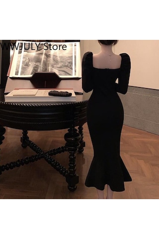 2021 Kış Vintage Denizkızı Elbise Kadın İnce Parti Tek Parça Elbise Kore Moda Uzun Kollu Siyah Y2k Midi Elbise Bayan Zarif Siyah