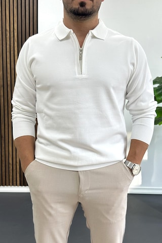 Edwox Erkek Yarım Fermuarlı Düz Desen Polo Yaka Kazak Beyaz Edw424 Beyaz
