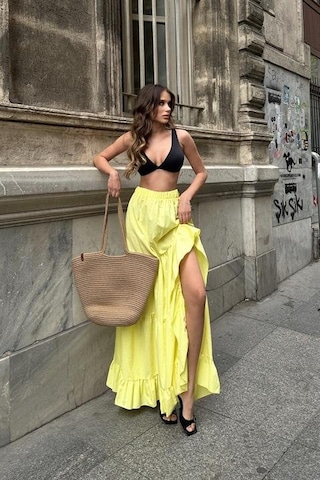 Audrey Fıfrlı Yırtmaç Detay Etek 4037 Sarı