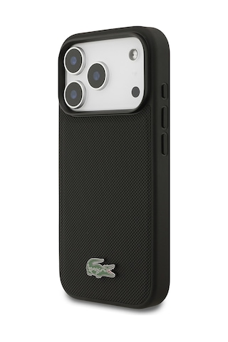 Apple Uyumlu iPhone 18 Pro Kılıf Lacoste Lisanslı M-safe Şarj Özellikli Pu Pike Desenli Metal Logolu Kapak Siyah