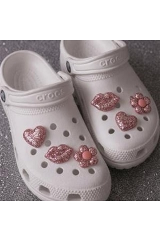 Temungur Pembe Simli Kalp Dudak Çiçek Jibbitz Charm 6 Lı Set Terlik Süsü, Parlak Glitter Terlik Aksesuarı Çok Renkli