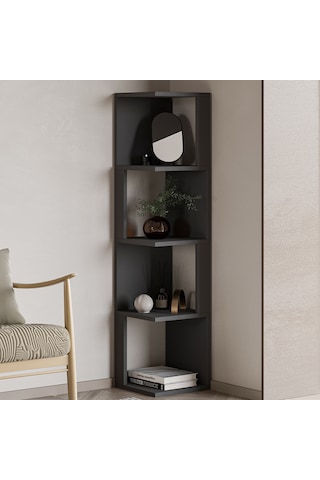 Herry Köşe Kitaplık Dekoratif Raf Ünitesi, Modern Kütüphane Antrasit