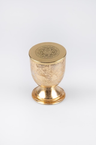 Altın Varak Eskitme Ayaklı Cam Mumluk Kokusuz Mum Logo Kapaklı Küçük 8.5x11.5 Cm