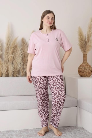 Sude Kadın Büyük Beden Düğme Yaka Penye Kısa Kol İnce Pijama Takımı P146 - 1 Adet Pembe