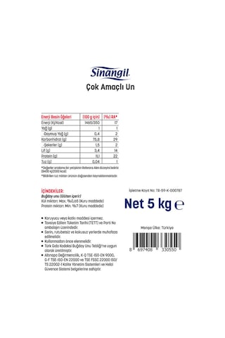 Sinangil Un 5 Kg Çok Amaçlı Buğday Unu, Ev Ve Profesyonel Kullanım