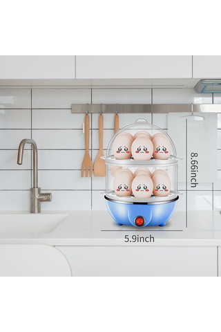 Vkemall 350w Ev Tipi Çift Katlı 14 Yumurta Mavi Buharlı Yumurta Pişirici, Otomatik Kapanma Ve 40ml Ölçü Bardağı İle