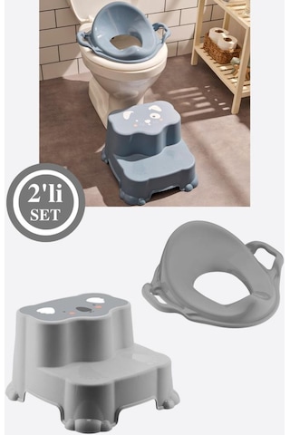 Flosoft Kaydırmaz Çift Basamaklı Çocuk Taburesi Ve Klozet Tuvalet Alıştırma Adaptörü 2'li Set Gri