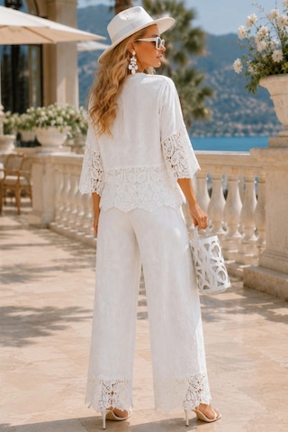 Asprinfashion İthal Güpür Dantel İşlemeli Pantolonlu Takım Ekru