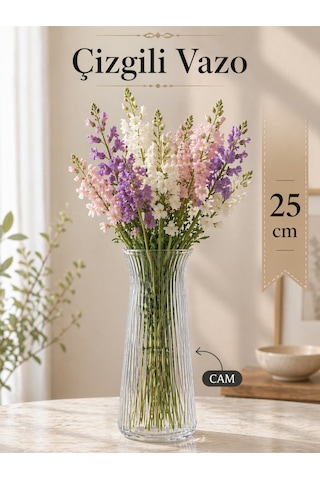 Dekoratif Cam Vazo - Modern Çizgili Şeffaf Çok Amaçlı Karaf 25 Cm