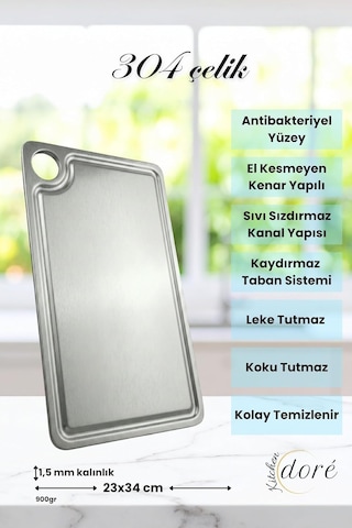 Paslanmaz Çelik Kesme Tahtası, 304 Çelik, Antibakteriyel Yüzey, Kaydırmaz Taban Sistemi, Özel K Gümüş