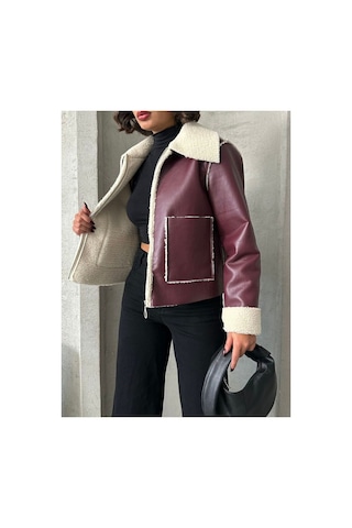 Verymoda Lamine Deri Fermuarlı F1511 Bordo Krem