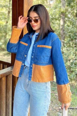 Kadın Mavi & Turuncu Denim Kontrast Çift Renk Detay, Ön Düğmeli Manşetli, Kot Ceket Turuncu