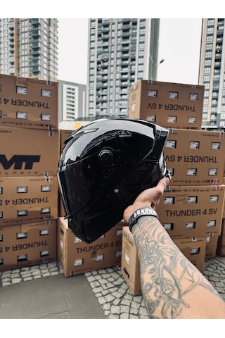Mt Helmets Thunder 4 Gloss Black Kask Şeffaf Vizörlü Siyah
