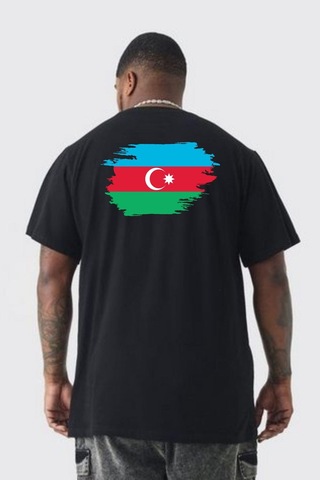 Angemiel Azerbeycan Bayrağı Büyük Beden Siyah Tişört Kadın Erkek Ünisex Sırt Baskılı Siyah