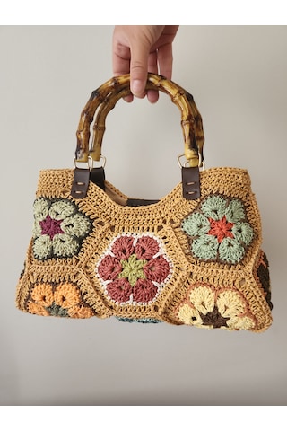 Fikriharika Design El Yapımı Afrika Çiçeği Motifli Kağıt İp Çanta Açık Camel - Çok Renkli