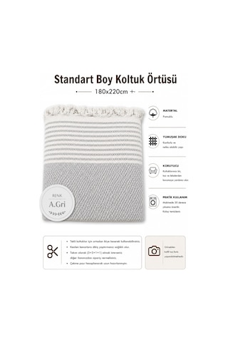 Pamuklu Kaymaz Hasır Dokuma Koltuk Örtüsü 180x220 - Açık Gri