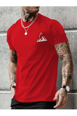 Üçgen Dağ T-shirt - Kırmızı Baskılı Oversize Bisiklet Yaka Kısa Kol Tişört Kırmızı