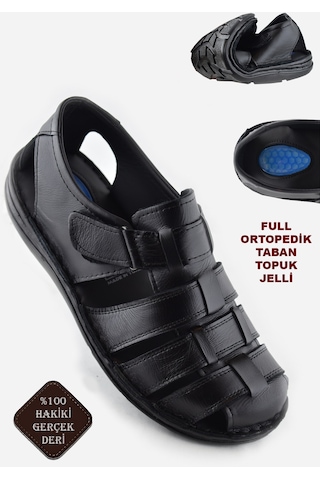 Ayakkabiburada 033 Topuk Jelli Hakiki Deri Erkek Sandalet Ayakkabı Siyah
