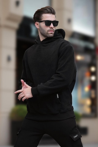 Madmext Siyah Kapüşonlu Cep Detaylı Polar Erkek Sweatshirt 7093 Siyah