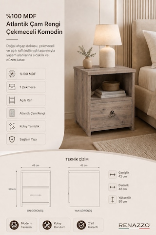 Renazzo %100 Mdf Komodin - Çekmeceli Atlantik Çam