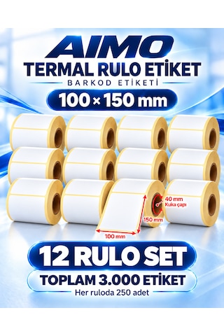 Aimo 100x150 Termal Etiket 3000 Adet 12 Rulo 250 Etiket 1